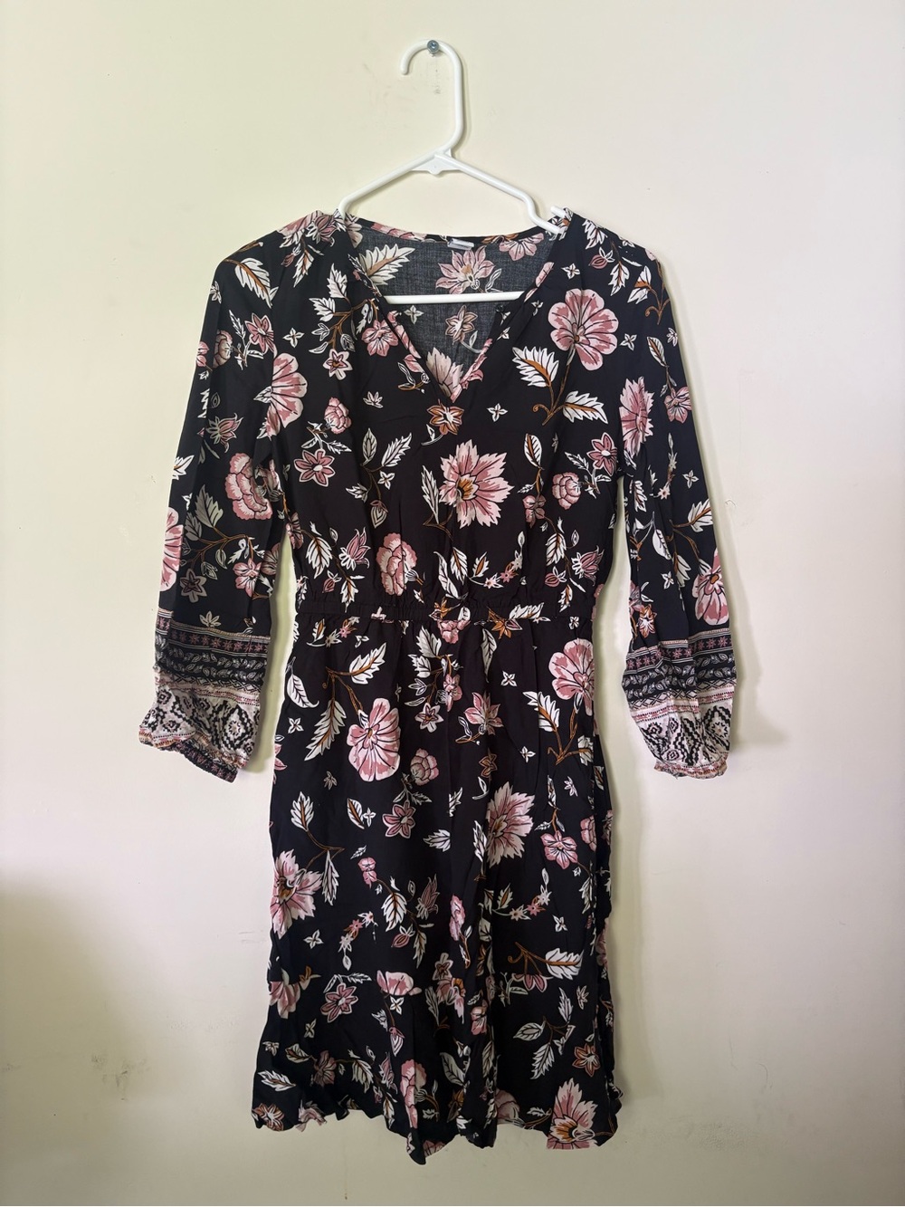 Old Navy Black Floral Long-Sleeve V-Neck Dress with Pink Accents